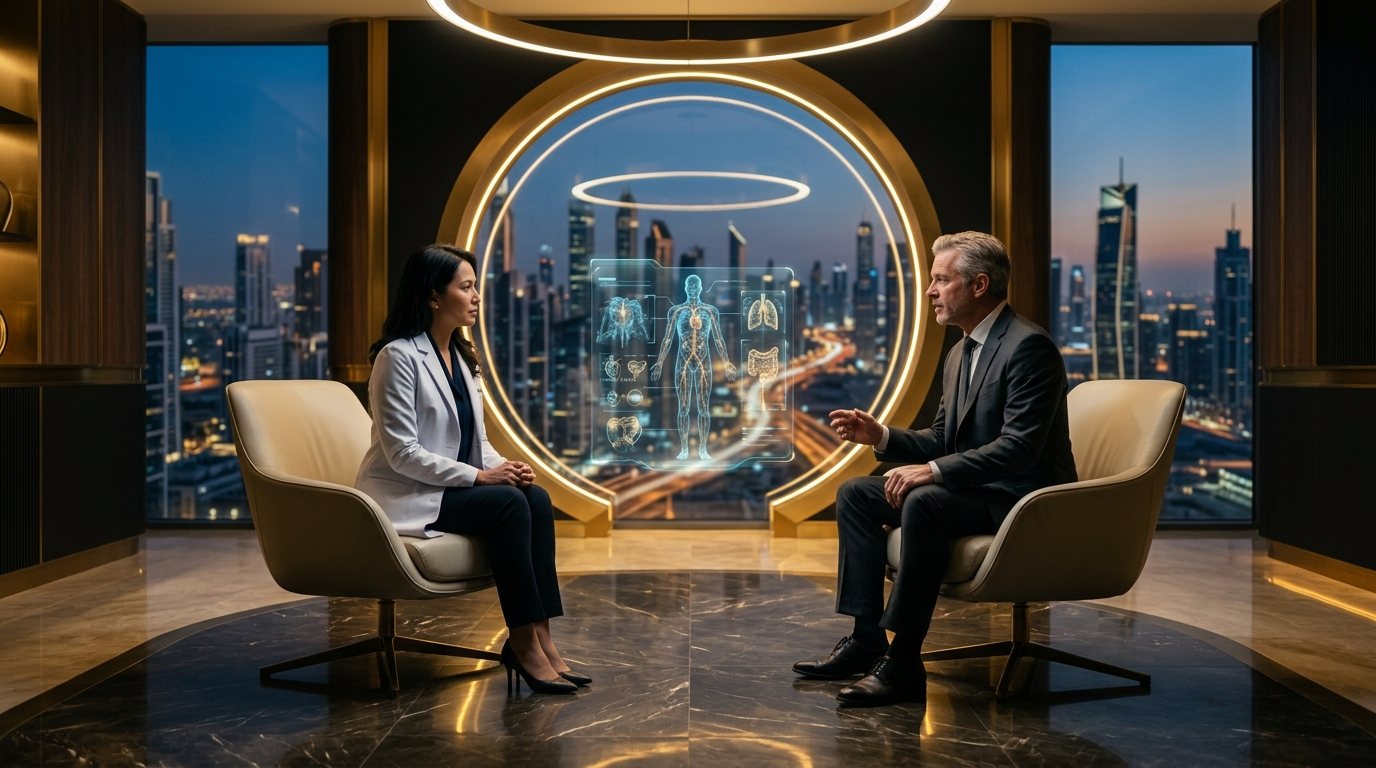 A physician and a client review a holographic health scan in a premium longevity lounge